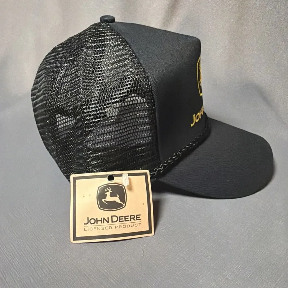 John Deere Black Mesh Trucker Hat NOS Vintage Snapback -M